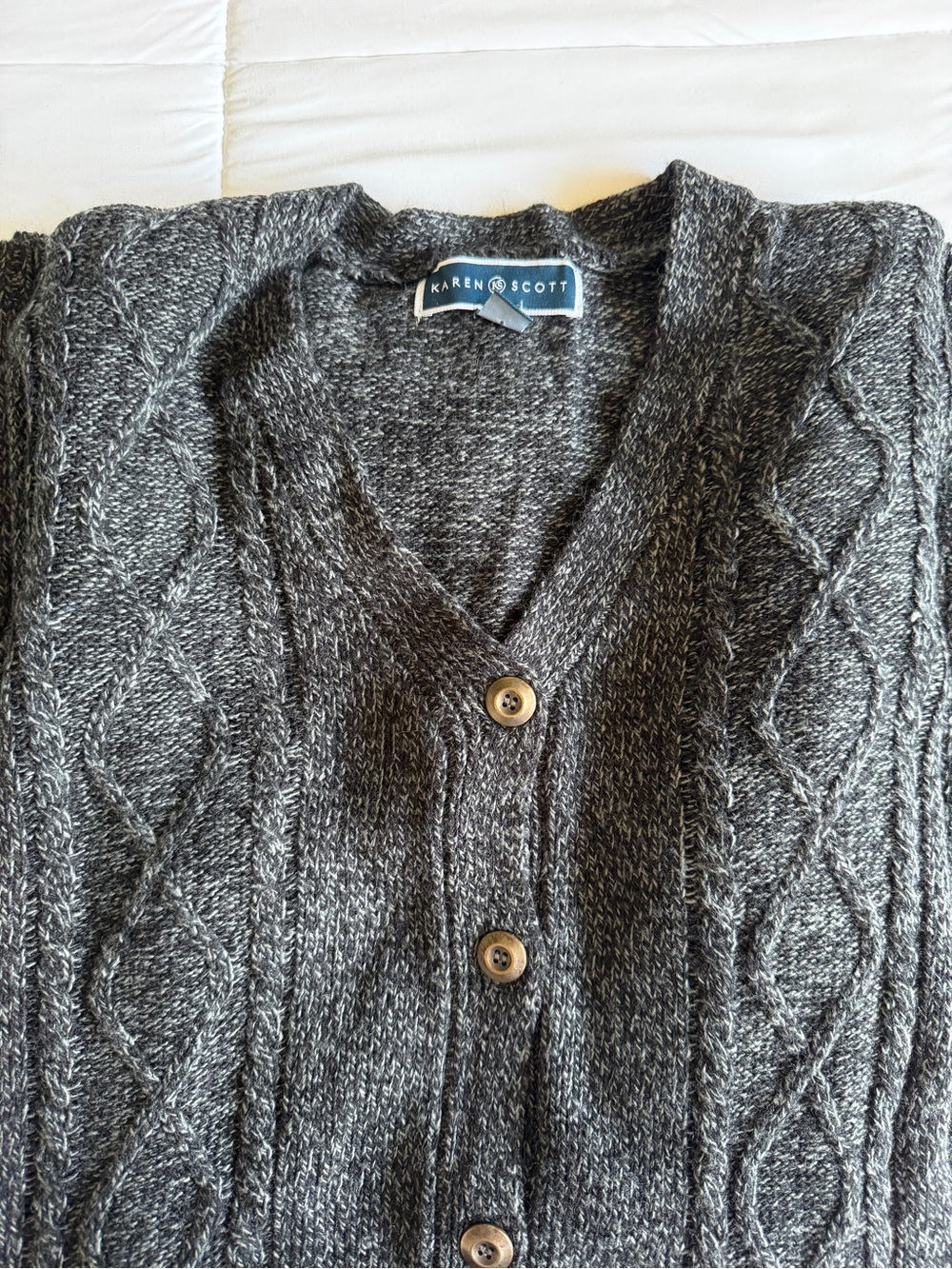 Karen Scott Gray Cable-Knit Button Cardigan